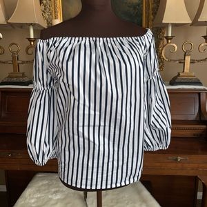 Off the Shoulder Balloon Sleeve White&Blue Stripes